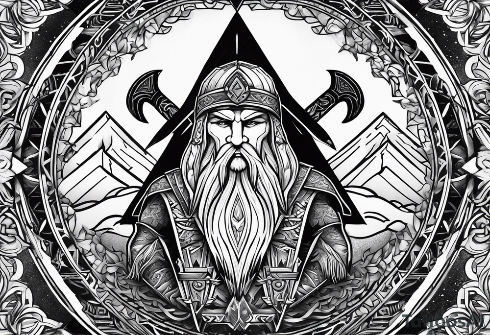 Valhalla  sword shield axe Valknut fog tattoo idea