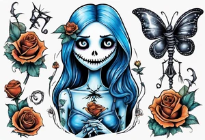 Nightmare before Christmas Sallyholding a flower. With a blue butterfly flying around her. tattoo idea