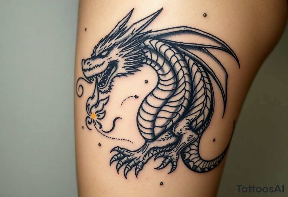 fierce dragon breathing iridescent fire against stormy skies tattoo idea