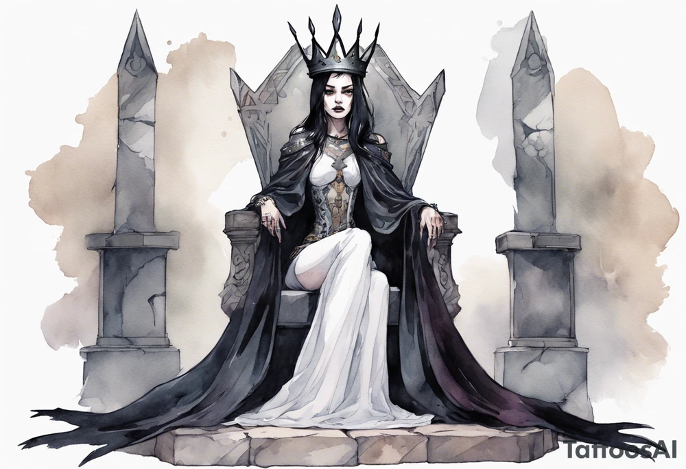 a Visgoth queen wearing a simple iron crown, wearing a feather cloak, sitting on a simple stone throne tattoo idea