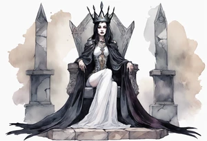 a Visgoth queen wearing a simple iron crown, wearing a feather cloak, sitting on a simple stone throne tattoo idea