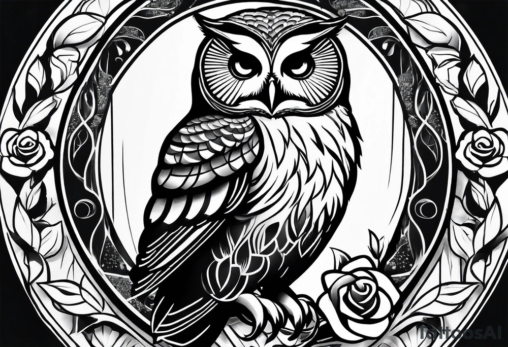Barred owl with a single rose tattoo idea