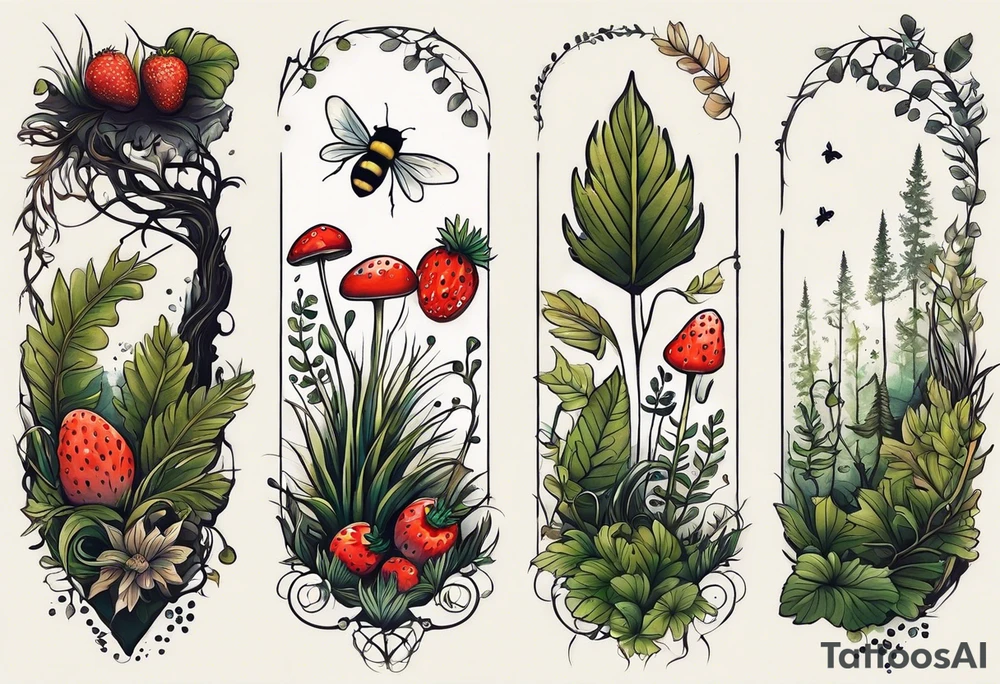 forest floor inspired minimalist tattoo, which includes grass, curly ferns, moss and dead leaves as the bulk of the tattoo. details to include: three very tiny strawberries, a tiny bumblebee flying nearby, three small brown mushrooms
Generate a vertically long one tattoo idea