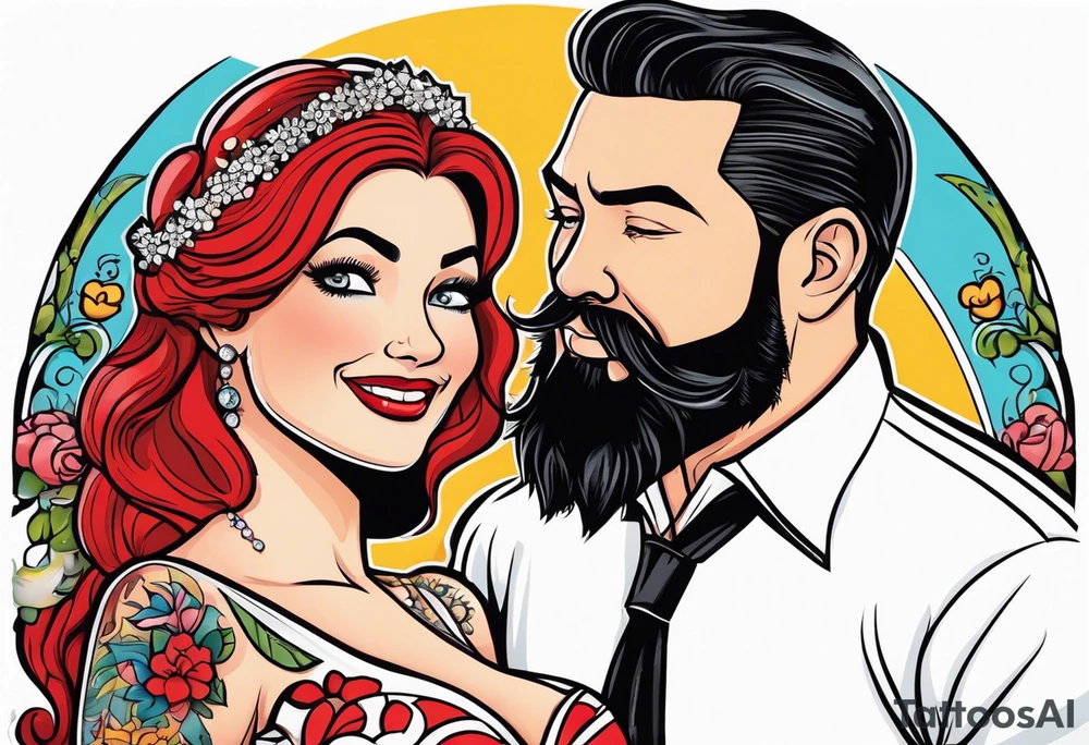 Busty red haired woman and a bearded man with black hair getting married tattoo idea