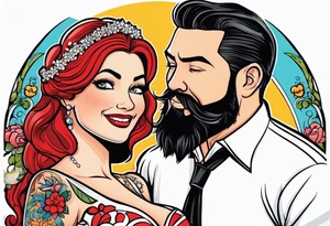 Busty red haired woman and a bearded man with black hair getting married tattoo idea