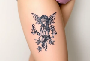 Sylph with dreads wearing blind fold and ankh pendant with tattoos holding weighing scales with the sun and moon rose vines surrounding and Anubis guarding tattoo idea