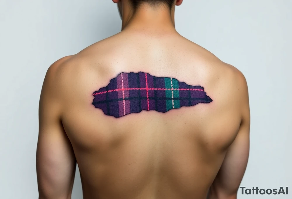 arm Dark Purple with green pink blue and white highlights tartan fabric with flesh peeling away at edges tattoo idea