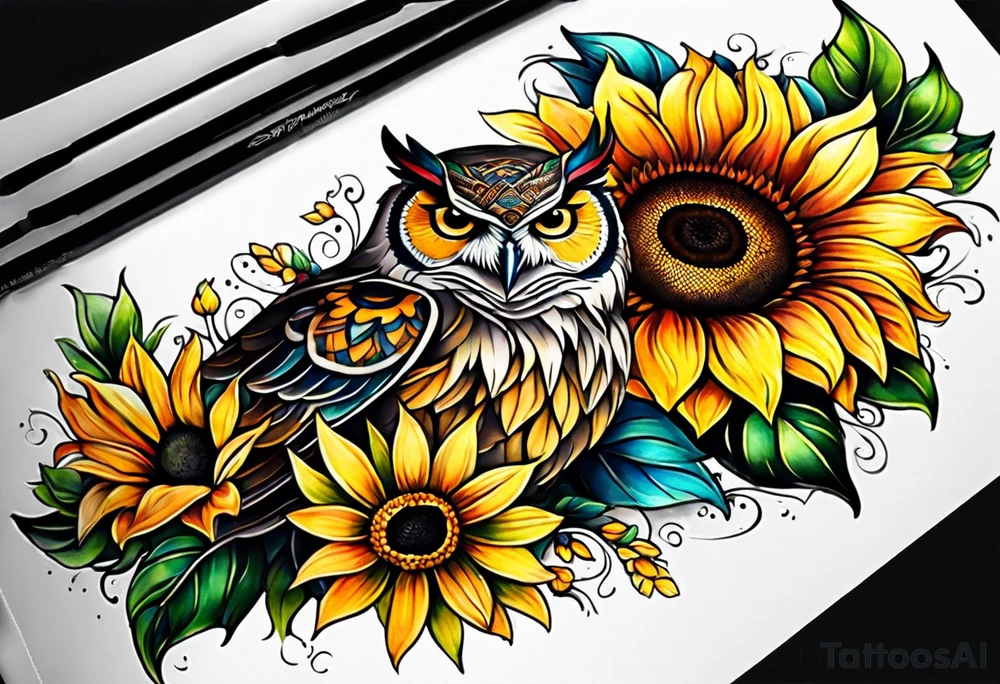 Leg sleeve with colorful sunflowers and an owl tattoo idea