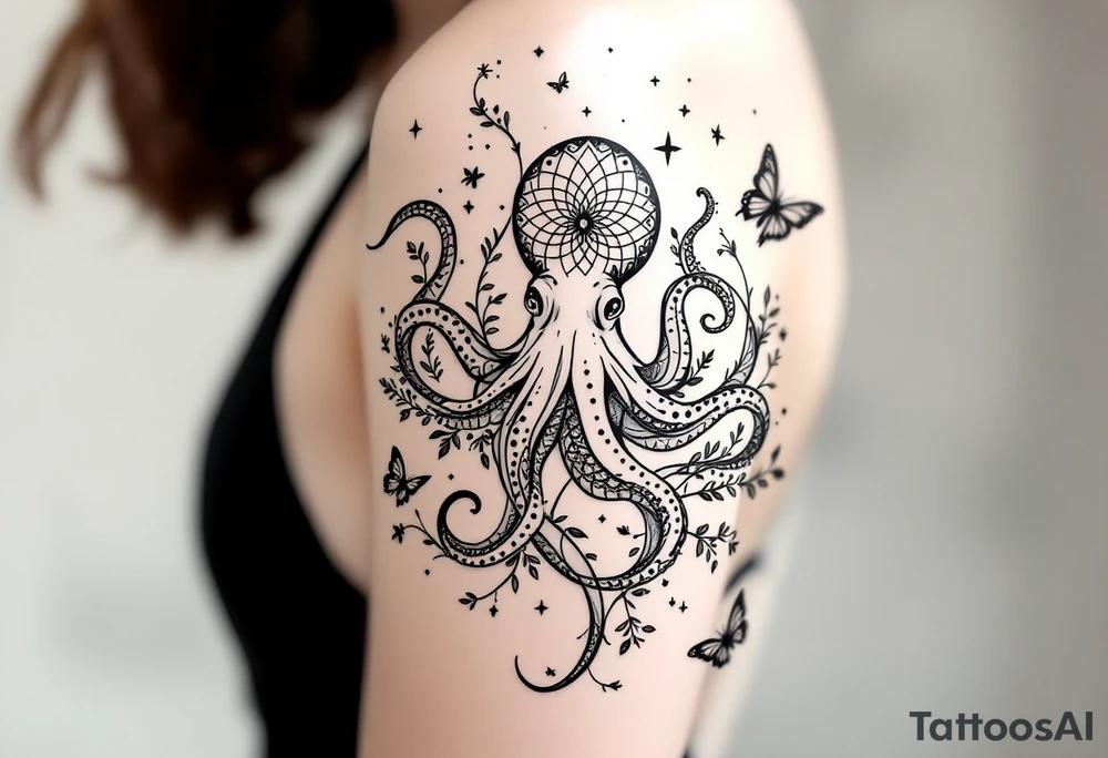 Elegant feminine full sleeve tattoo design on a woman’s arm, flowing abstract black ink lines intertwined with minimalist botanical elements — fine leaves, buds, and wildflowers. Central ornamental mandala-like symbols and geometric dotwork details. A gracefully stylized octopus with fluid tentacles wrapping subtly around the design, integrated with delicate butterflies fluttering around the composition. The butterflies are light, airy, and minimal, matching the fine-line style. Tattoo art style: modern minimalist, fine line, ornamental and botanical tattoo with surreal natural touches. Black ink only, soft feminine aesthetic tattoo idea