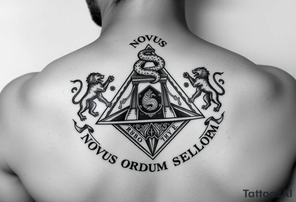 Pyramid from dollar, diamond with snake on the top,lions on corners,surrounded by words - novus ordum seclorum tattoo idea