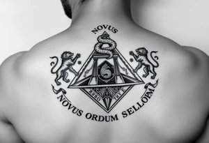 Pyramid from dollar, diamond with snake on the top,lions on corners,surrounded by words - novus ordum seclorum tattoo idea