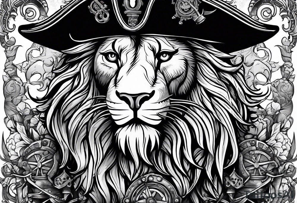 Pirate lion wearing jacket, sword and pistol, nautical steampunk theme. dreadlocks. pirate vessel tattoo idea