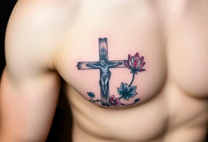 A Crucifix Wrapped in Lotus Vines (only red , blue and black are possible colors) tattoo idea