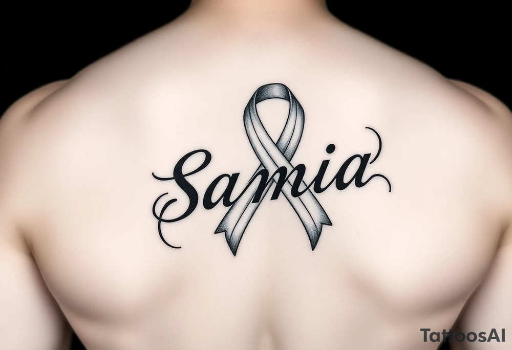 Breast cancer ribbon flowing into the name Samia. Ribcage. Side. Men. tattoo idea