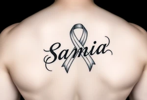 Breast cancer ribbon flowing into the name Samia. Ribcage. Side. Men. tattoo idea