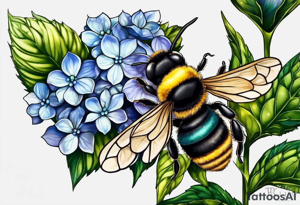 Small tattoo. There’s a hydrangea and a bee but they are not touching. The bee is small and off to the side. tattoo idea