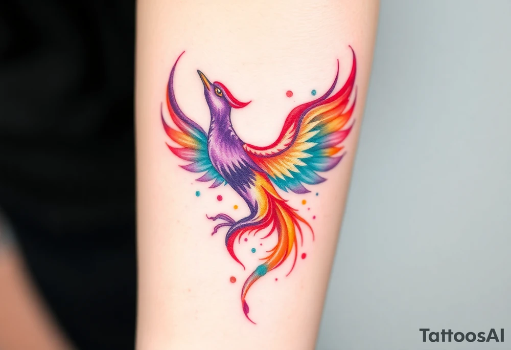 Phoenix engulfed in roaring flames with purple, orange, teal and green splashes, looking up tattoo idea