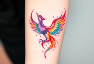 Phoenix engulfed in roaring flames with purple, orange, teal and green splashes, looking up tattoo idea