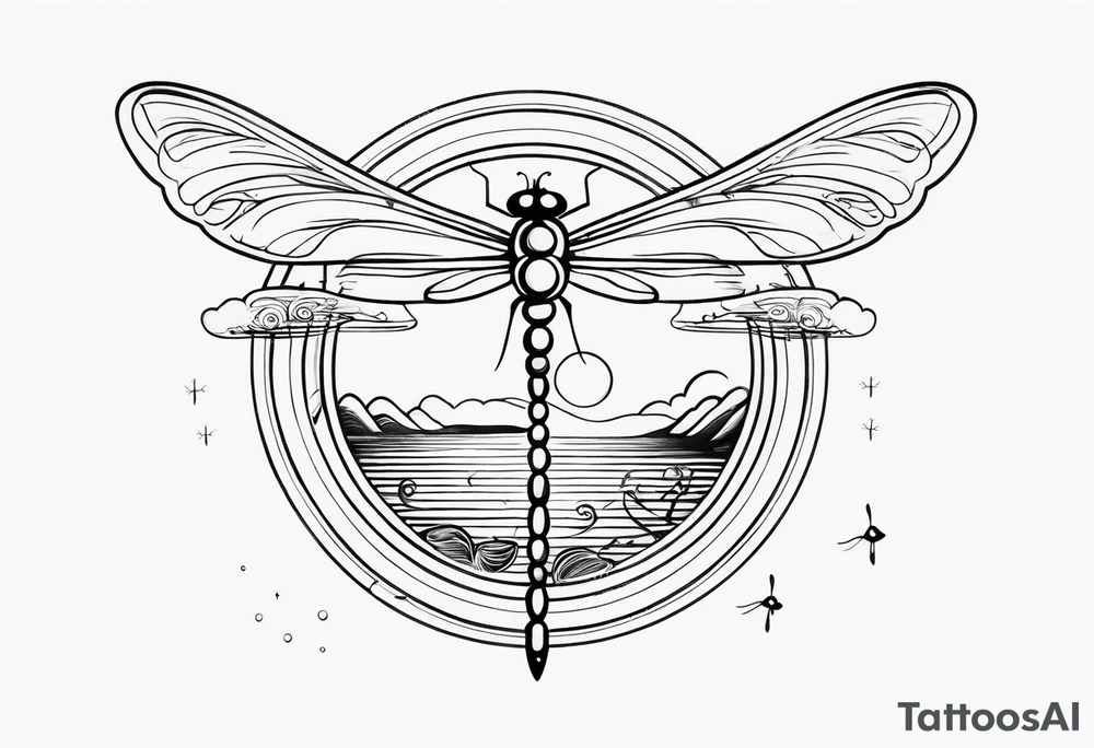 Small cloud and sun with small dragonfly tattoo idea