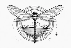 Small cloud and sun with small dragonfly tattoo idea