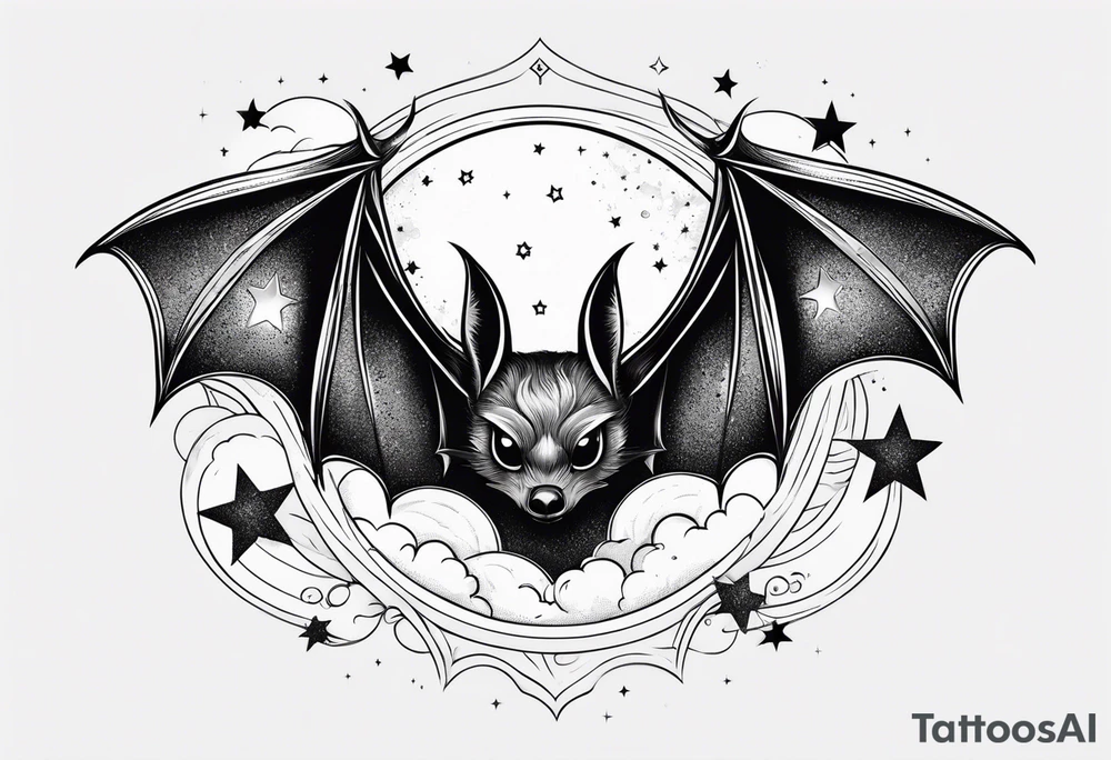 A bat wrapped in clouds and smoke with stars and sparkles and a moon tattoo idea
