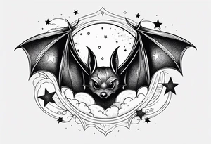 A bat wrapped in clouds and smoke with stars and sparkles and a moon tattoo idea