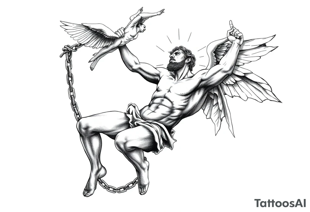 Prometheus Chained Down with Icarus falling from the sky above him Mythology tattoo idea
