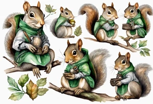 a female grey squirrel dressed in a grey and green tunic wearing a medieval messenger bag sitting on a tree branch tattoo idea