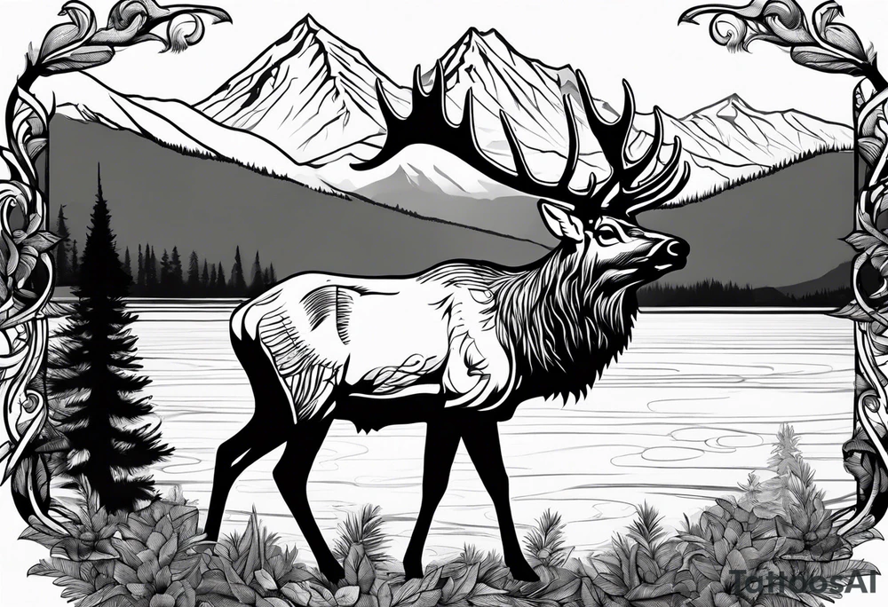 elk with mountains and lake tattoo idea