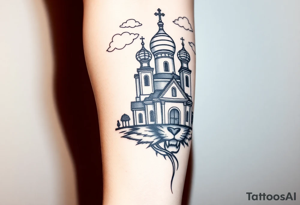 Realistic tiger face on the back of the hand with strong contrast and fine detail with hollow black eyes. with a highly detailed Russian Orthodox cathedral sitting above on fore arm with onion domes and orthodox crosses, done in fine line, engraving-like style. Cohesive composition, black ink only, no color, high contrast, slightly aged, documentary-style, plain light background. with clouds above and a virgin mary tattoo idea