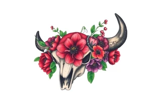 Buffalo or bison skull with flowers. Red Peony, snowdrop, green holly with red berries, purple larkspur,  red peony. Colour. For upper arm or shoulder. Masculin. tattoo idea
