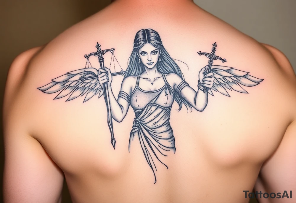 la figura de la dama de la justicia le suben por su cuerpo dos escorpiones tattoo idea