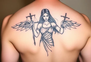 la figura de la dama de la justicia le suben por su cuerpo dos escorpiones tattoo idea