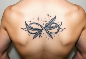 infinity symbol woven with floating feathers and stardust tattoo idea