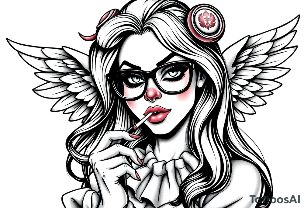 beautiful long hair pin up Clown Girl thug eyeglasses  angelic wings smoking a cigarette tattoo idea
