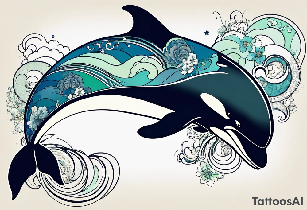 a killer whale with blues shades and light greens, very minimalistic and small tattoo idea