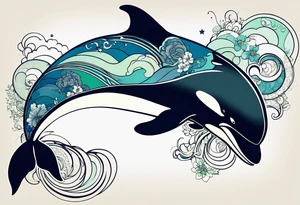 a killer whale with blues shades and light greens, very minimalistic and small tattoo idea