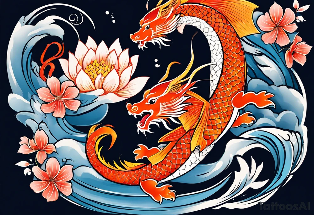 I'm seeking a tattoo design that combines the majestic imagery of dragons with the graceful beauty of koi fish. The dragons should represent strength, power, and resilience, while the koi fish symbolize perseverance and the ability to overcome adversity.

I envision a scene where the dragons and koi fish are intertwined, perhaps in a dynamic pose that suggests movement and determination. The dragons could be depicted in a fierce yet elegant manner, with intricate details such as scales and flowing mane-like features. Meanwhile, the koi fish should exude a sense of fluidity and grace, swimming fearlessly alongside the dragons.

In terms of composition, I'd love for the dragons and koi fish to interact harmoniously, perhaps with the dragons offering protection or guidance to the koi fish as they navigate turbulent waters. Elements like swirling waves or cascading waterfalls could further enhance the symbolism of overcoming obstacles.

Overall, I'm looking for a design that is both visually striking and meaningful, capturing the essence of strength and resilience in the face of challenges. I'm open to artistic interpretations and creative flourishes that bring this concept to life in a unique and compelling way tattoo idea