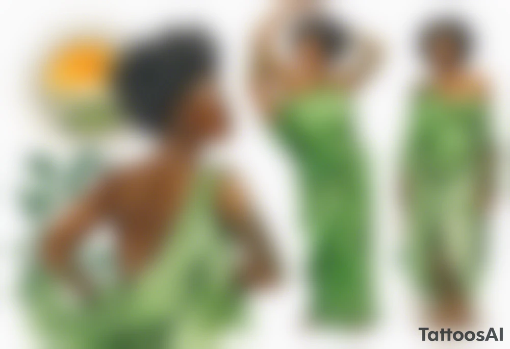 a tree trunk with roots that is a beautiful black woman from the waist up, arms reaching up to the sun, wearing a green tunic tattoo idea