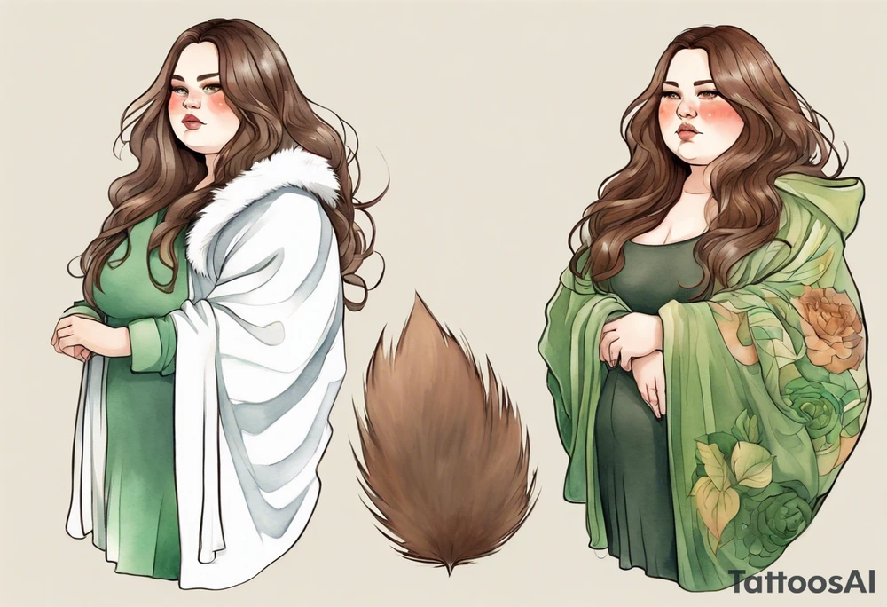 a chubby tan woman with long brown hair  and green eyes wearing a fur cloak tattoo idea