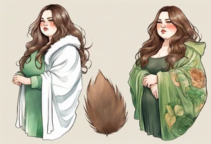 a chubby tan woman with long brown hair  and green eyes wearing a fur cloak tattoo idea