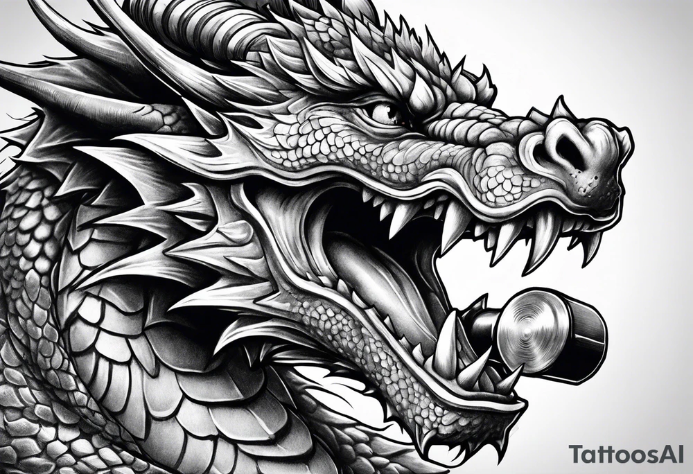 Dragon with dumbbell in mouth tattoo idea