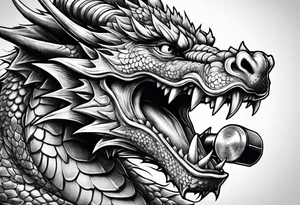Dragon with dumbbell in mouth tattoo idea