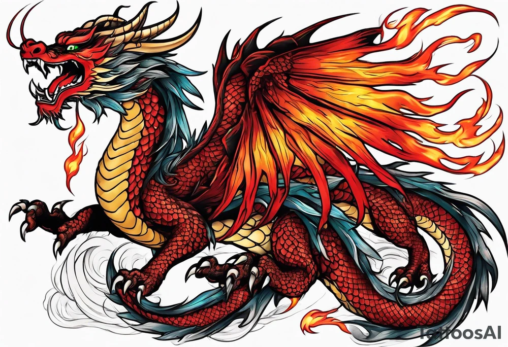 japanese dragon with flames and red highlights tattoo idea