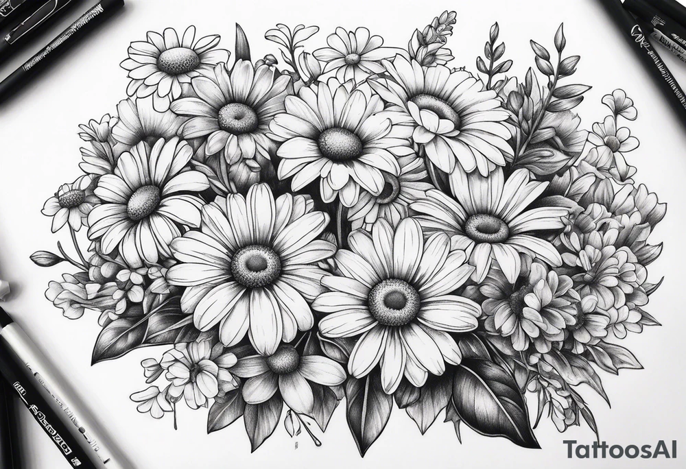 Bouquet of daisies and violets tattoo idea