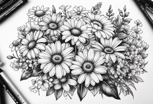 Bouquet of daisies and violets tattoo idea