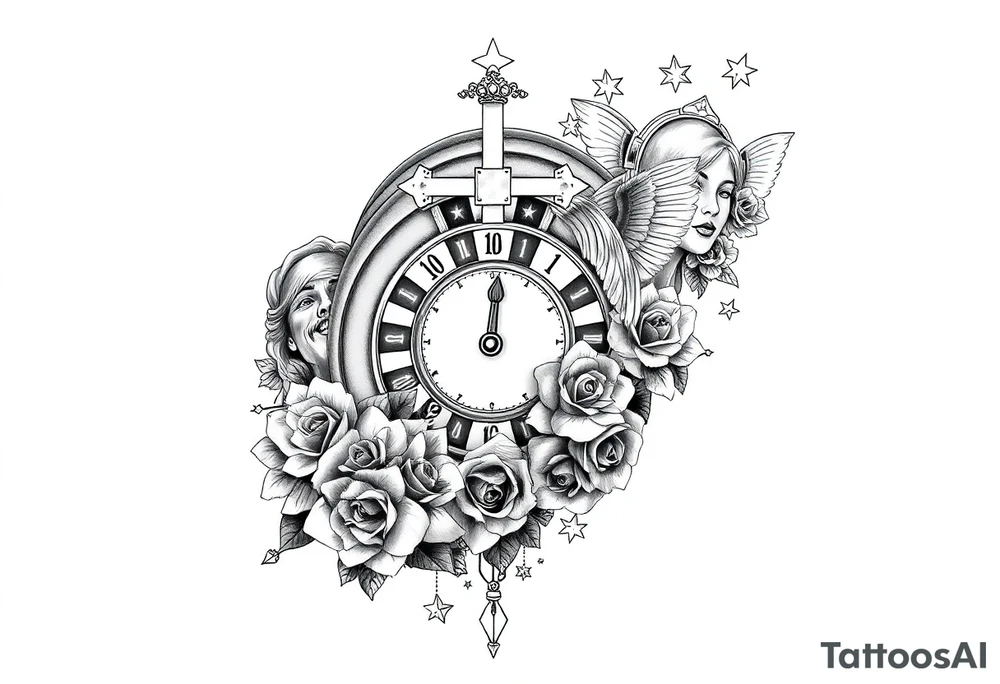 Roulette casino and princess and jesus on cross, baby angels, roses and clock and stars and fish tattoo idea