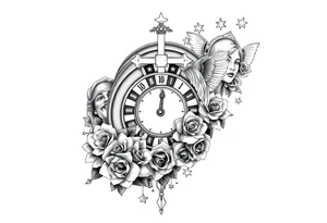 Roulette casino and princess and jesus on cross, baby angels, roses and clock and stars and fish tattoo idea