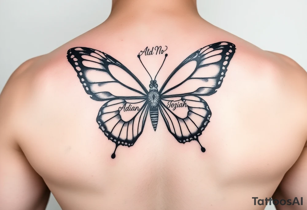 Powerful unique butterfly half women half butterfly with the names Adian &Joziah in it tattoo idea