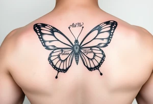 Powerful unique butterfly half women half butterfly with the names Adian &Joziah in it tattoo idea